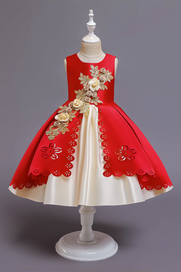 Girls' Red and Cream Flower Embellished Princess Dress with Scalloped Hem