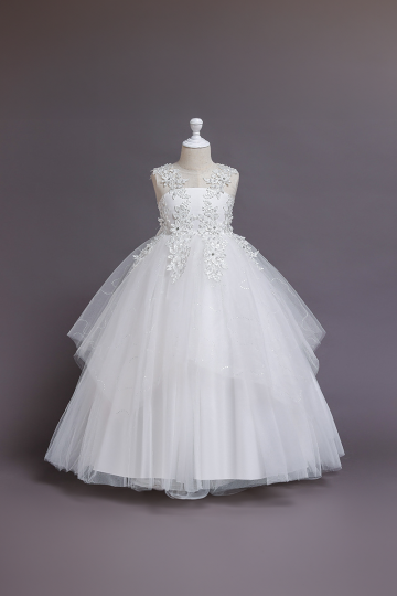 Girls' White Floral Sequin Embellished High-Low Tulle Princess Dress