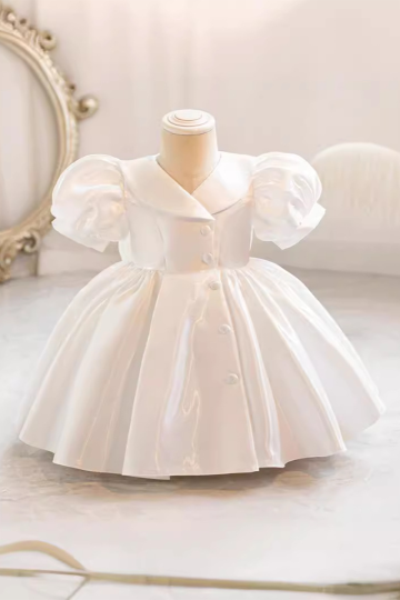 Girls' White Satin Puff Sleeve Button-Front Dress