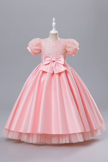 Girls' Pink Sequin Puff Sleeve Dress with Satin Bow and Tulle Skirt