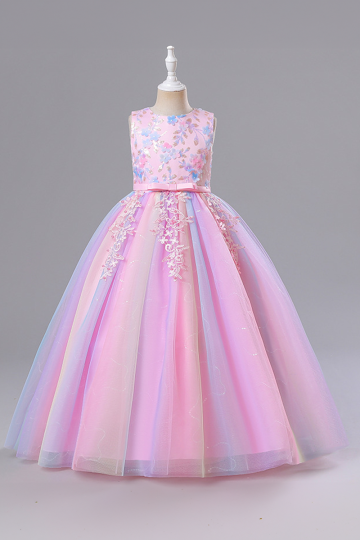 Girls' Pink and Purple Floral Embellished Tulle Princess Dress