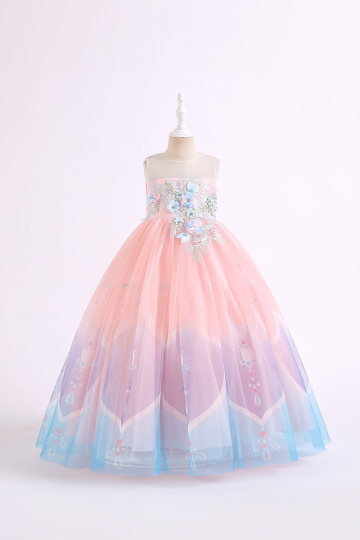 Girls' Peach and Blue Floral Embellished Tulle Princess Gown