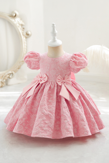 Girls' Pink Floral Lace Dress with Bow Details