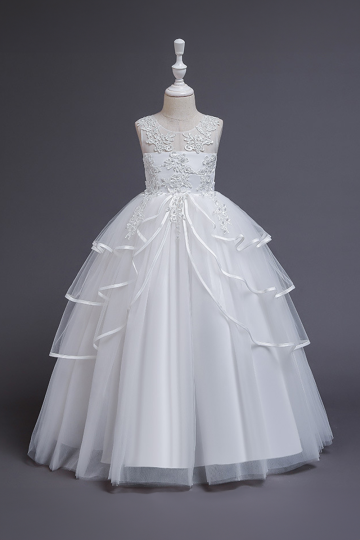 Girls' White Floral Embellished Layered Tulle Princess Gown