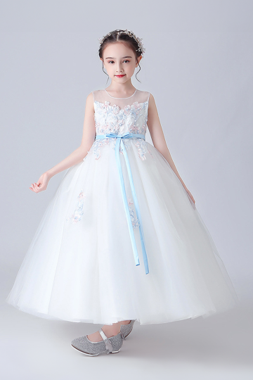 Girls' White Floral Embellished Tulle Dress with Blue Satin Ribbon