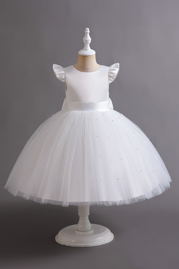 Girls' White Pearl-Embellished Tulle Dress with Ruffled Sleeves