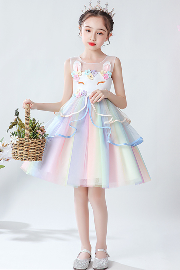 Girls' Rainbow Tulle Dress with Floral Embellishments and Ruffled Layers