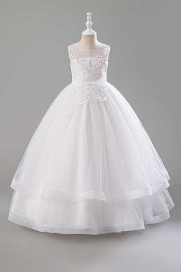 Girls' White Sequin-Embellished Tulle Princess Gown with Floral Bodice