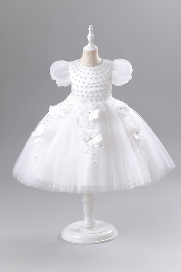 Girls' White Pearl-Embellished Tulle Dress with Floral Appliqué