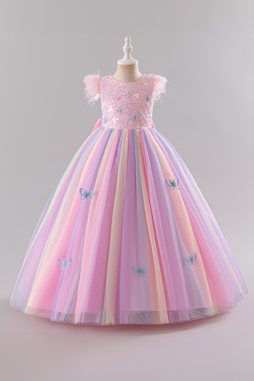 Girls' Rainbow Tulle Dress with Butterfly Embellishments and Feathered Sleeves