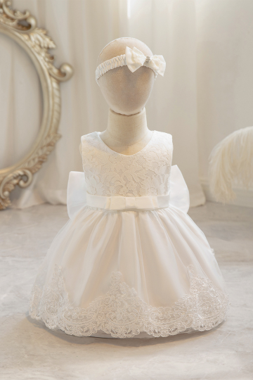 Girls' White Lace and Satin Dress with Bow and Headband Set