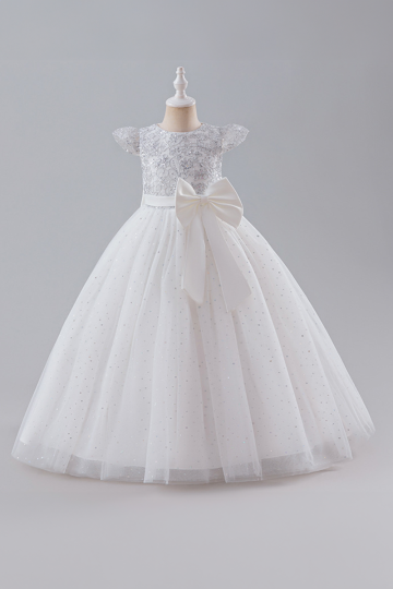 Girls' White Sequin-Embellished Lace Dress with Satin Bow