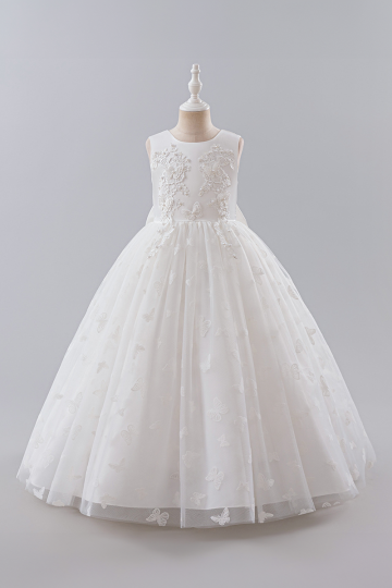 Girls' White Butterfly Embellished Tulle Princess Gown