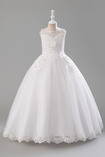 Girls' White Lace and Floral Embellished Tulle Ball Gown