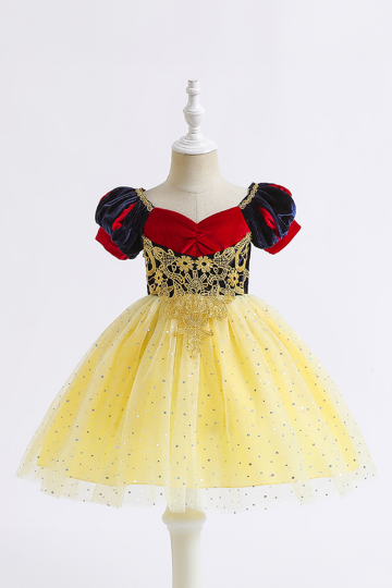 Girls' Snow White-Inspired Velvet and Tulle Princess Dress with Gold Detailing