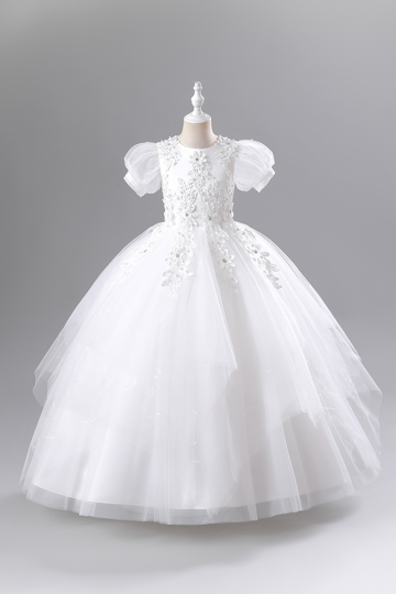 Girls' White Floral Lace Embellished Puff Sleeve Tulle Ball Gown