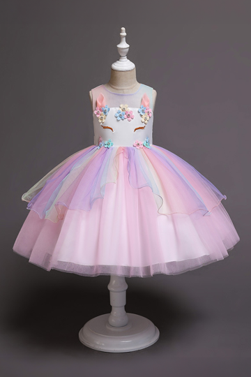 Girls' Rainbow Tulle Dress with Floral Appliqué and Unicorn Embellishments