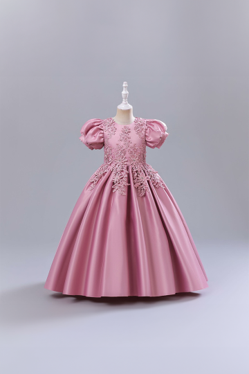 Girls' Pink Satin Floral Lace Embellished Puff Sleeve Ball Gown