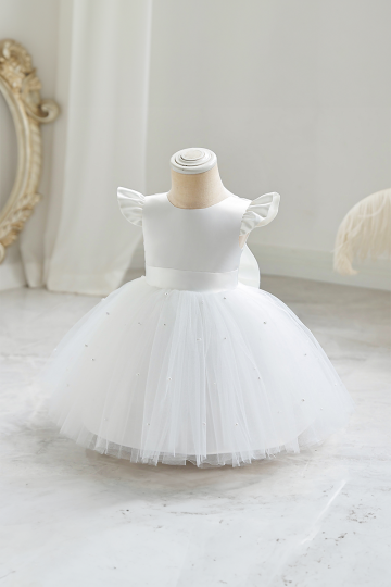 Girls' White Pearl-Embellished Tulle Dress with Satin Ribbon and Ruffled Sleeves