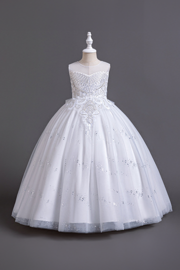 Girls' White Sequin-Embellished Tulle Ball Gown with Floral Lace Bodice