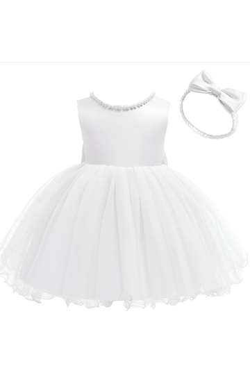 Girls' White Pearl-Embellished Tulle Dress with Matching Headband