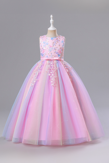 Girls' Pink and Blue Floral Embellished Tulle Princess Dress