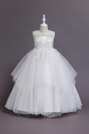Girls' White Floral Lace Embellished Tulle Princess Dress