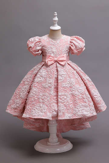 Girls' Pink Floral Lace High-Low Dress with Satin Bow