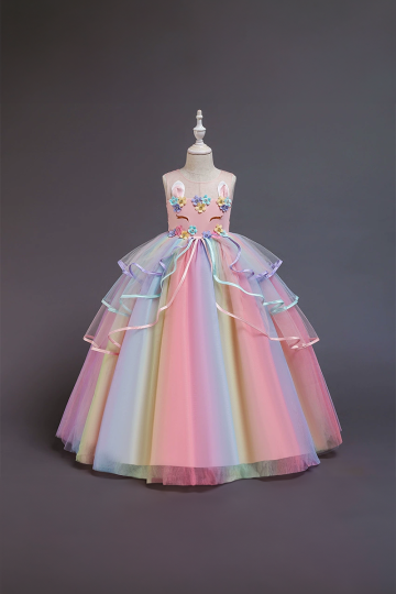 Girls' Rainbow Tulle Dress with Floral and Bunny Embellishments