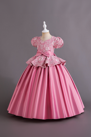 Girls' Pink Floral Lace Peplum Satin Ball Gown with Bow Detail