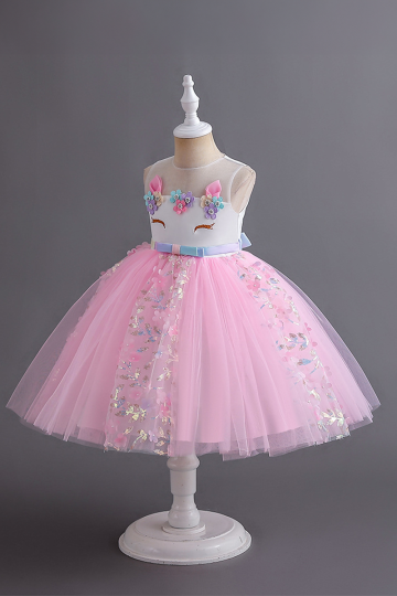 Girls' Pink Unicorn Tulle Dress with Floral Appliqué and Glitter Details