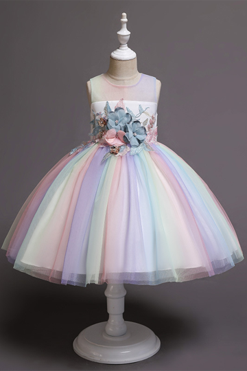 Girls' Pastel Rainbow Tulle Dress with Floral Embellishment