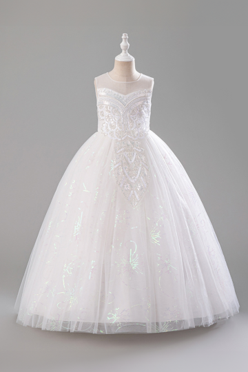 Girls' White Sequin-Embellished Tulle Ball Gown with Floral Bodice