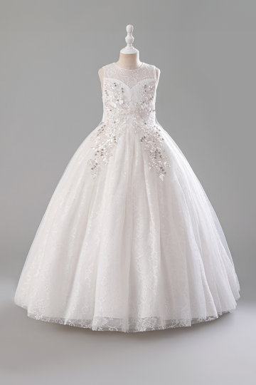 Girls' White Lace and Sequin-Embellished Princess Gown