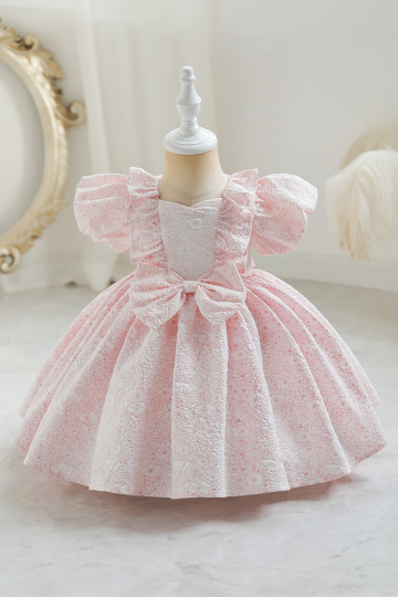 Girls' Pink Floral Lace Dress with Ruffled Sleeves and Bow Detail