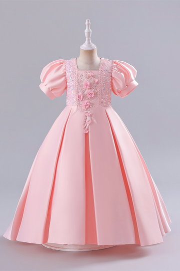 Girls' Pink Satin Ball Gown with Floral Sequin Bodice and Puff Sleeves