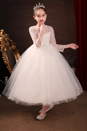 Girls' White Lace and Tulle Princess Gown with Long Sleeves