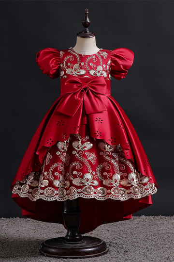Girls' Red Satin High-Low Dress with Gold Floral Embroidery and Bow Detail