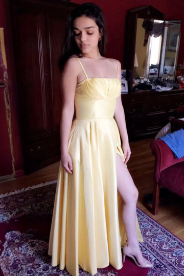 Rachel Zegler Inspired Yellow Spaghetti Straps Formal Prom Dress 2021 with Slit