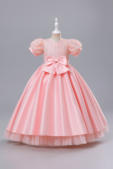 Elegant Pink Satin Dress with Beaded Puff Sleeves and Bow Detail.
