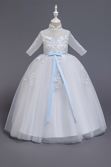 Graceful White Embroidered Tulle Dress with Blue Satin Ribbon and Mandarin Collar