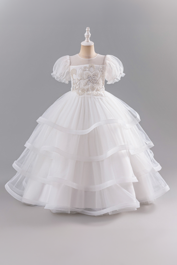 Elegant White Tiered Tulle Dress with Beaded Floral Bodice and Puff Sleeves.