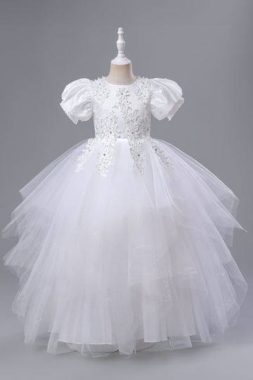 Whimsical White Tulle Dress with Floral Embellishments and Puff Sleeves
