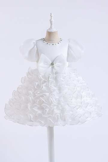 Charming White Satin Ruffle Dress with Bow and Crystal Detail