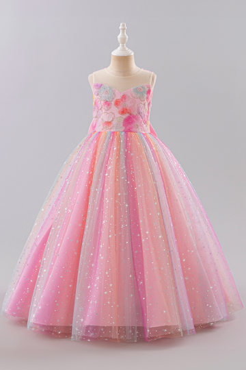 Fairy Tale-Inspired Pink Glitter Tulle Dress with Floral Bodice