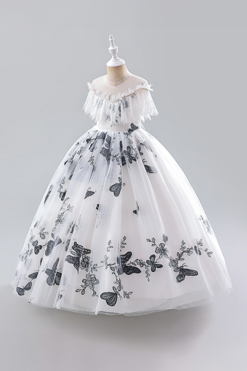 Elegant White Tulle Dress with Black Floral Embroidery and Ruffled Off-Shoulder Detail.
