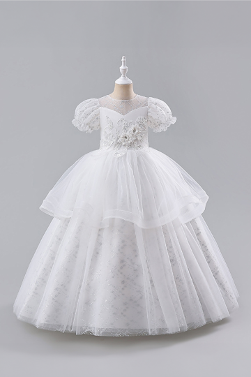 Fairy Tale White Tulle Dress with Floral Embroidery and Puff Sleeves