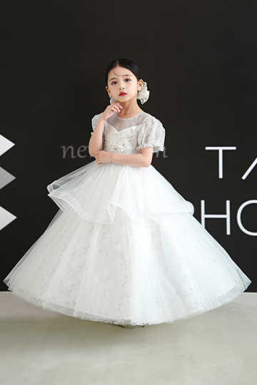 Elegant White Tulle Dress with Floral Embroidery and Layered Skirt