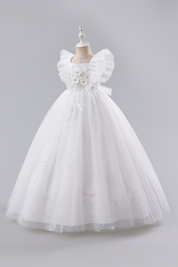 Elegant White Tulle Dress with Floral Bodice and Ruffled Sleeves