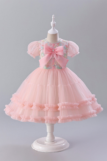 Charming Pink Tulle Dress with Floral Bodice and Ruffled Skirt